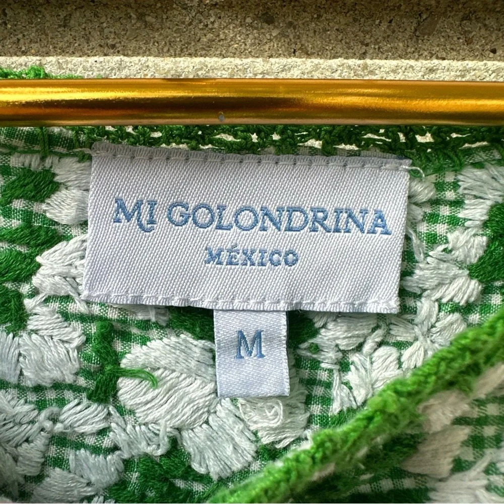 Mi Golondrina Green Gingham Embroidered Mexican Dress M Handmade Cotton Floral - Picture 5 of 7